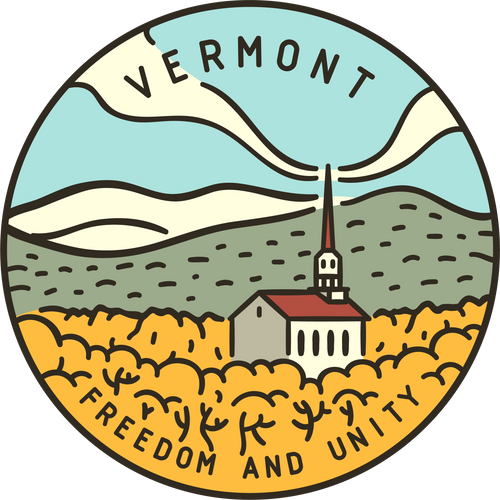 Vintage vector round label. Vermont. Church in the forest.