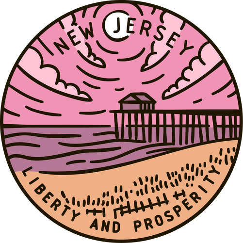 Vintage vector round label. New Jersey. Beach.