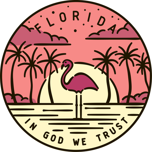 Vintage vector round label. Florida Flamingo Sunset.