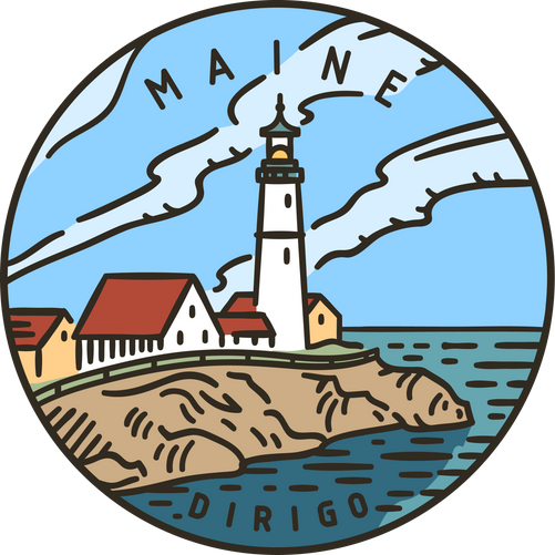 Vintage vector round label. Maine Lighthouse. Ocean