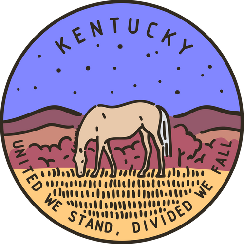 Vintage vector round label. Kentucky. River Eating horse