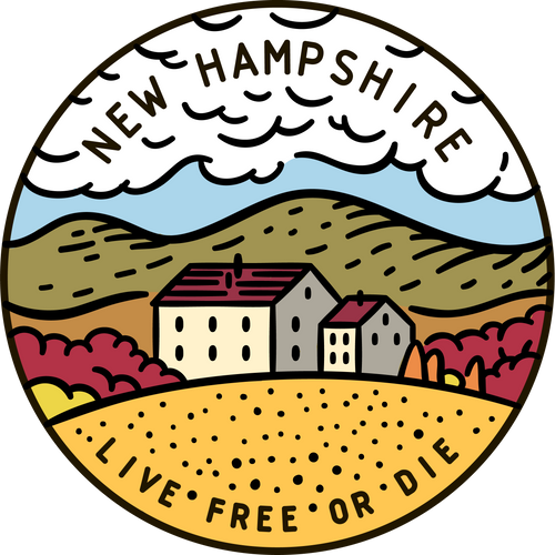 Vintage vector round label. New Hampshire. Mountains.