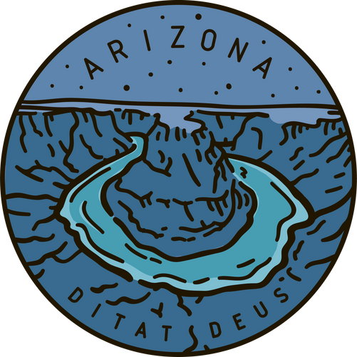 Vintage vector round label. Arizona. Colorado River. Grand Canyon.