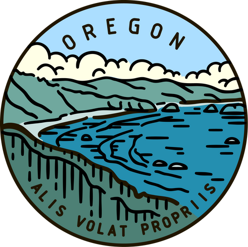 Vintage vector round label. Oregon Bay. Ocean.