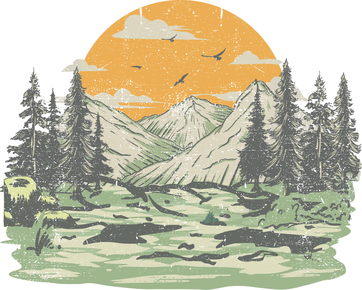 Retro Sunset Mountain Landscape